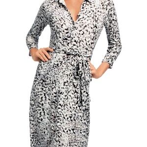 🌺 CAbi Black/White Animal Print Jersey Stretch Dress Collar 3/4 Sleeves Large